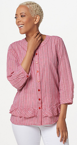 Gingham Button Front Blouse with Ruffles