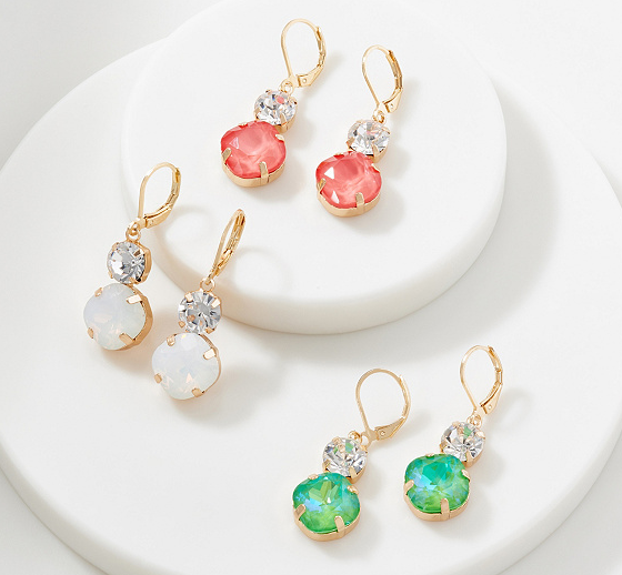 Set of 3 Crystal Earrings with Double Drop